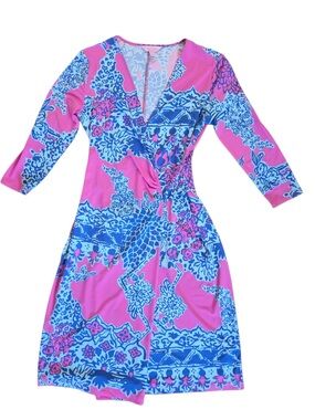 Lilly Pulitzer Pink & Blue Floral Wrap-Style Midi Dress